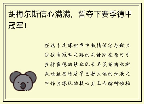 胡梅尔斯信心满满，誓夺下赛季德甲冠军！